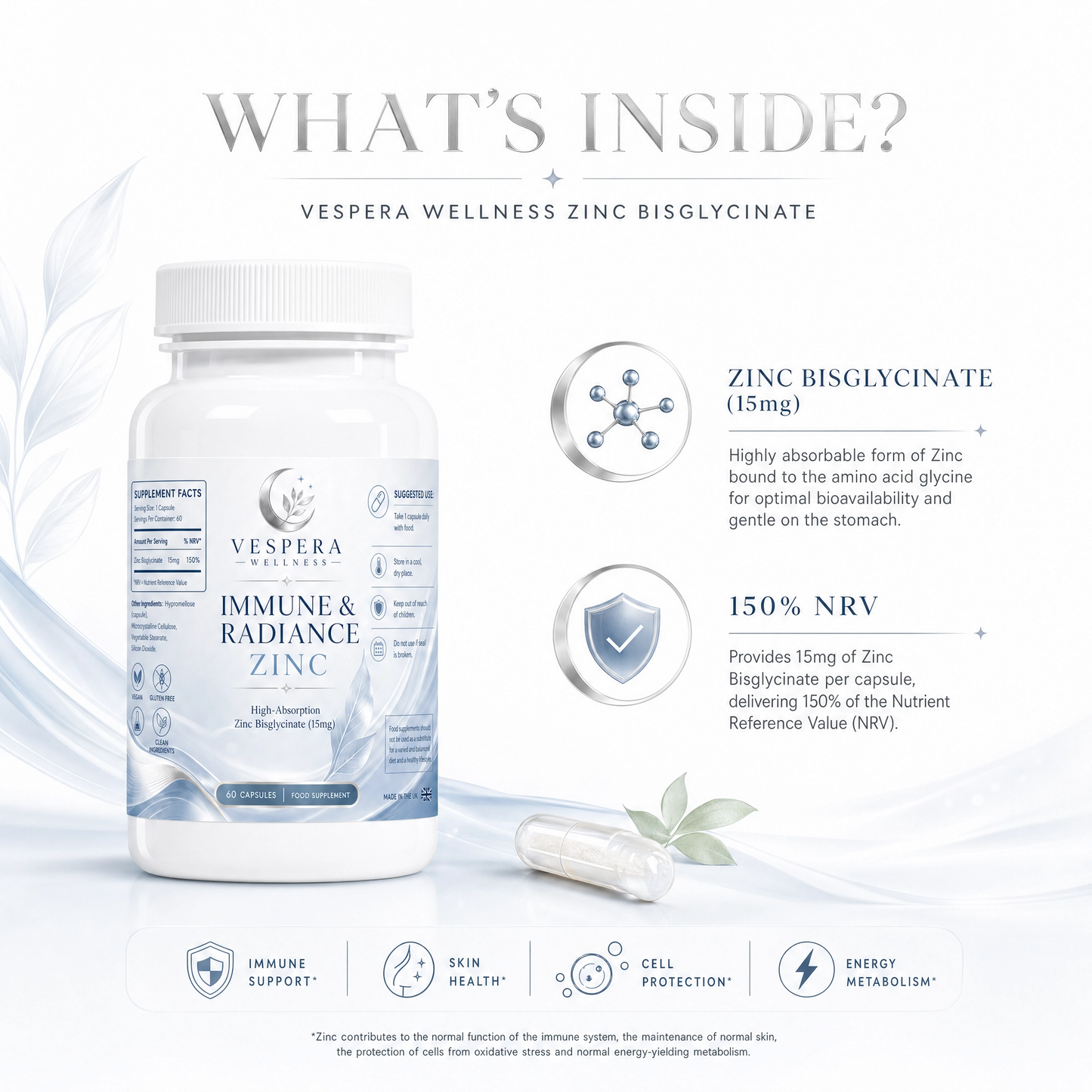 Vespera Immune & Radiance - Zinc Bisglycinate - 60 Capsules - Vespera Wellness