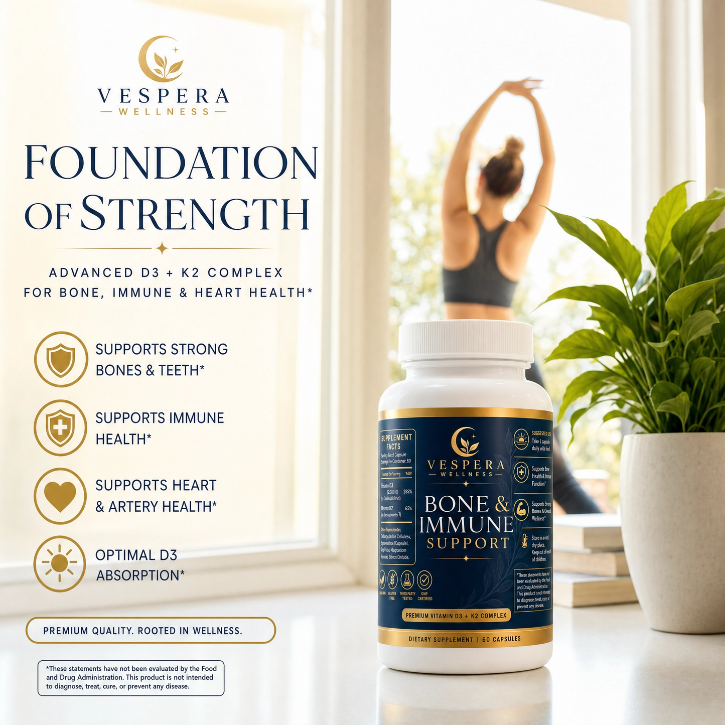 Vespera Bone & Immune Support - Vitamin D3 + K2 - 90 Capsules - Vespera Wellness