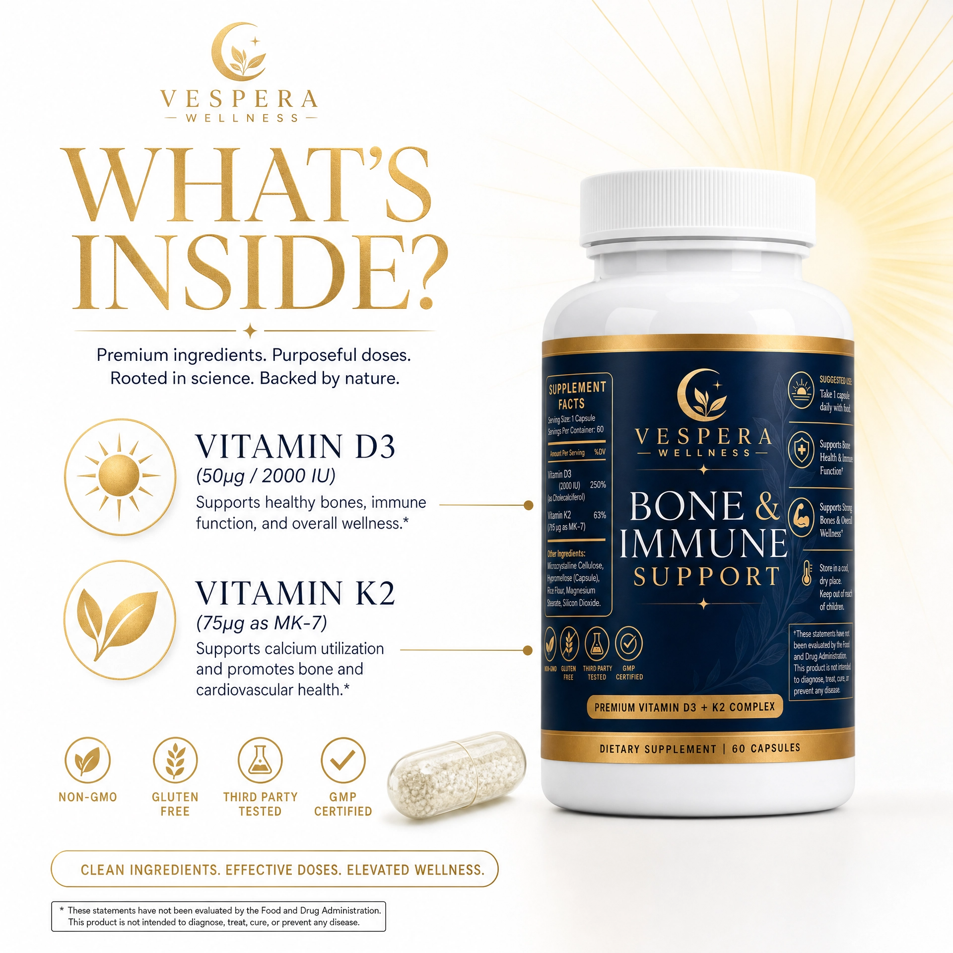 Vespera Bone & Immune Support - Vitamin D3 + K2 - 90 Capsules - Vespera Wellness