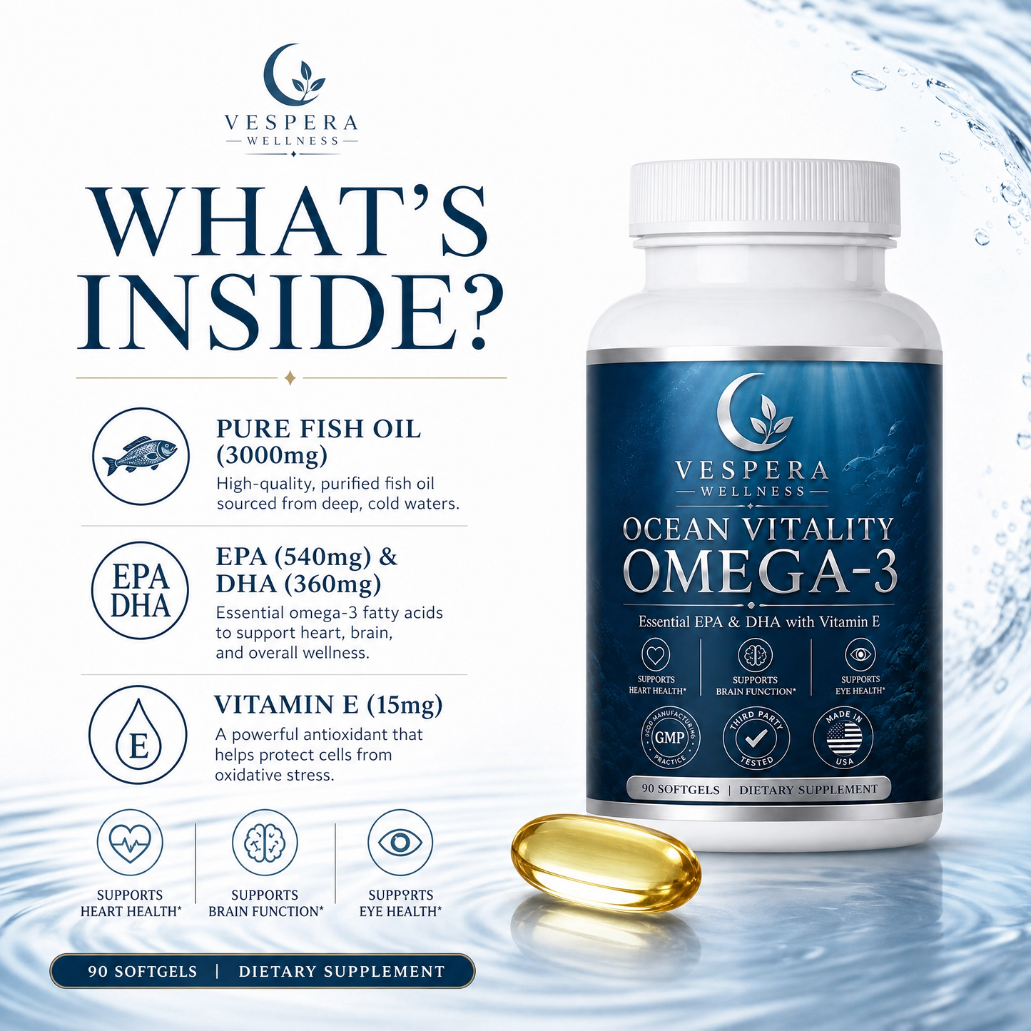 Vespera Ocean Vitality Omega-3 + Vitamin E  - 90 Capsules - Vespera Wellness