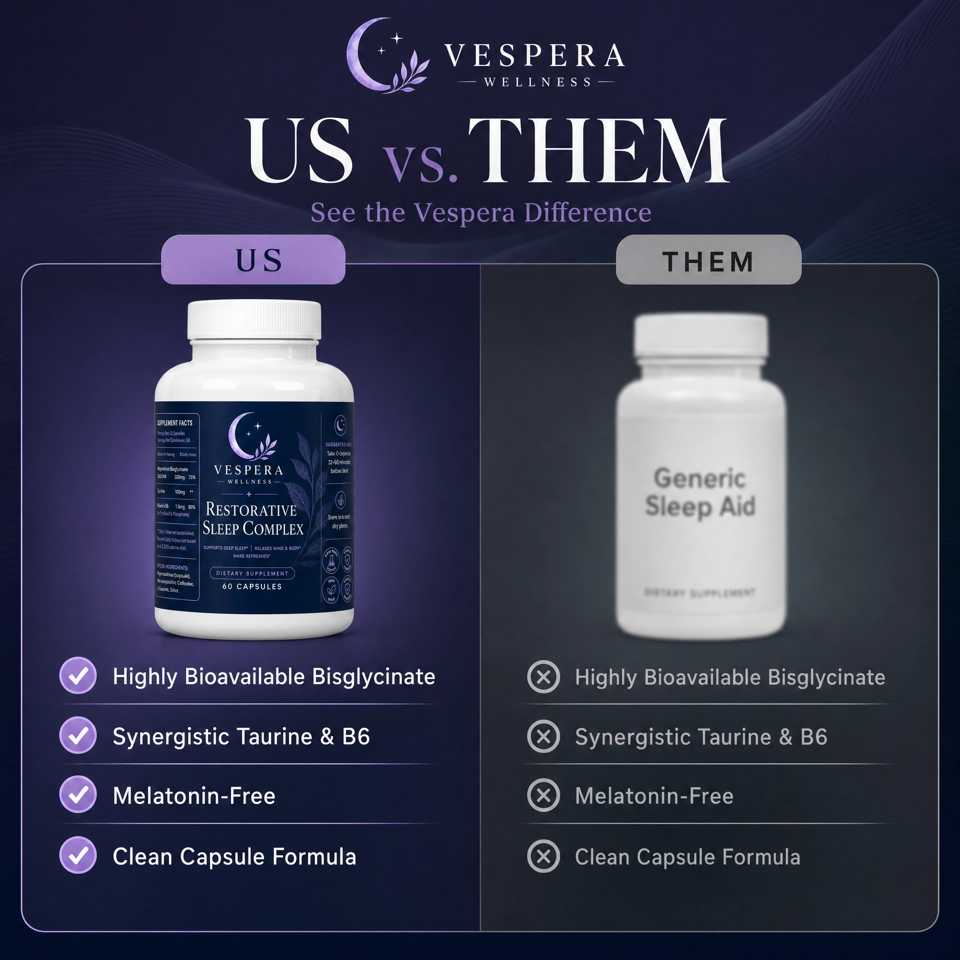 Vespera Restorative Sleep Complex-Magnesium Bisglycinate - 60 Capsules - Vespera Wellness