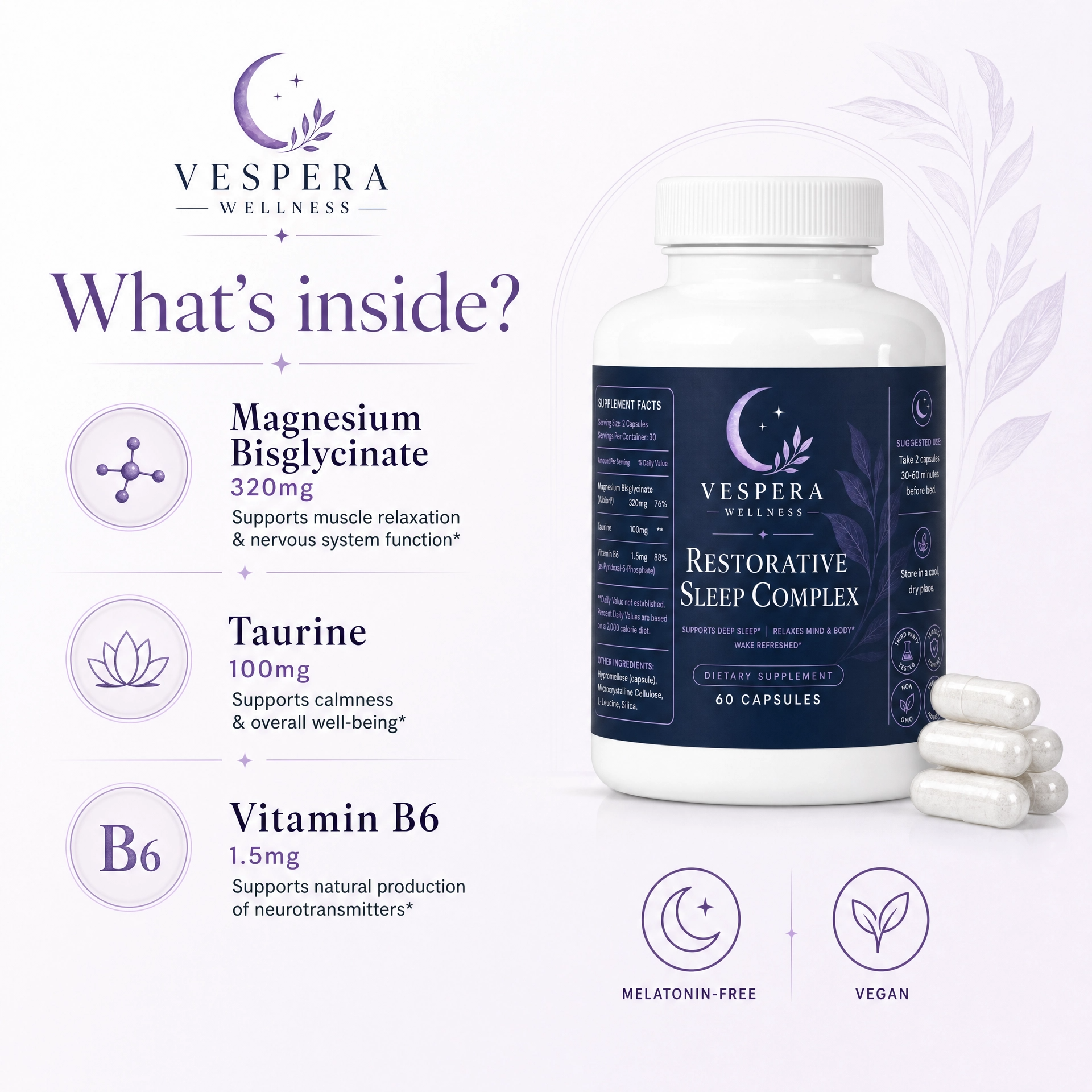 Vespera Restorative Sleep Complex-Magnesium Bisglycinate - 60 Capsules - Vespera Wellness