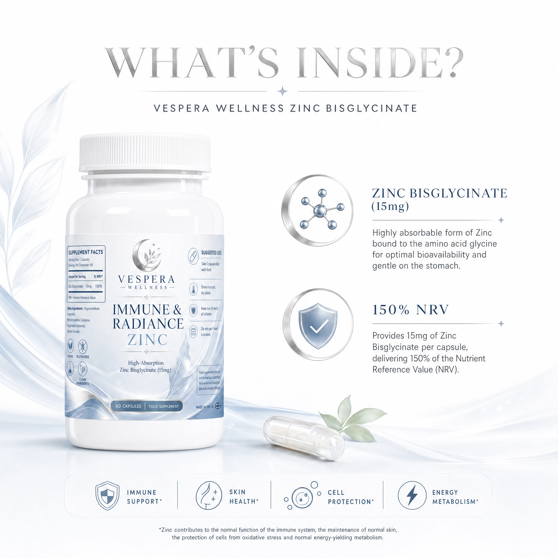 Vespera Immune & Radiance - Zinc Bisglycinate - 60 Capsules - Vespera Wellness
